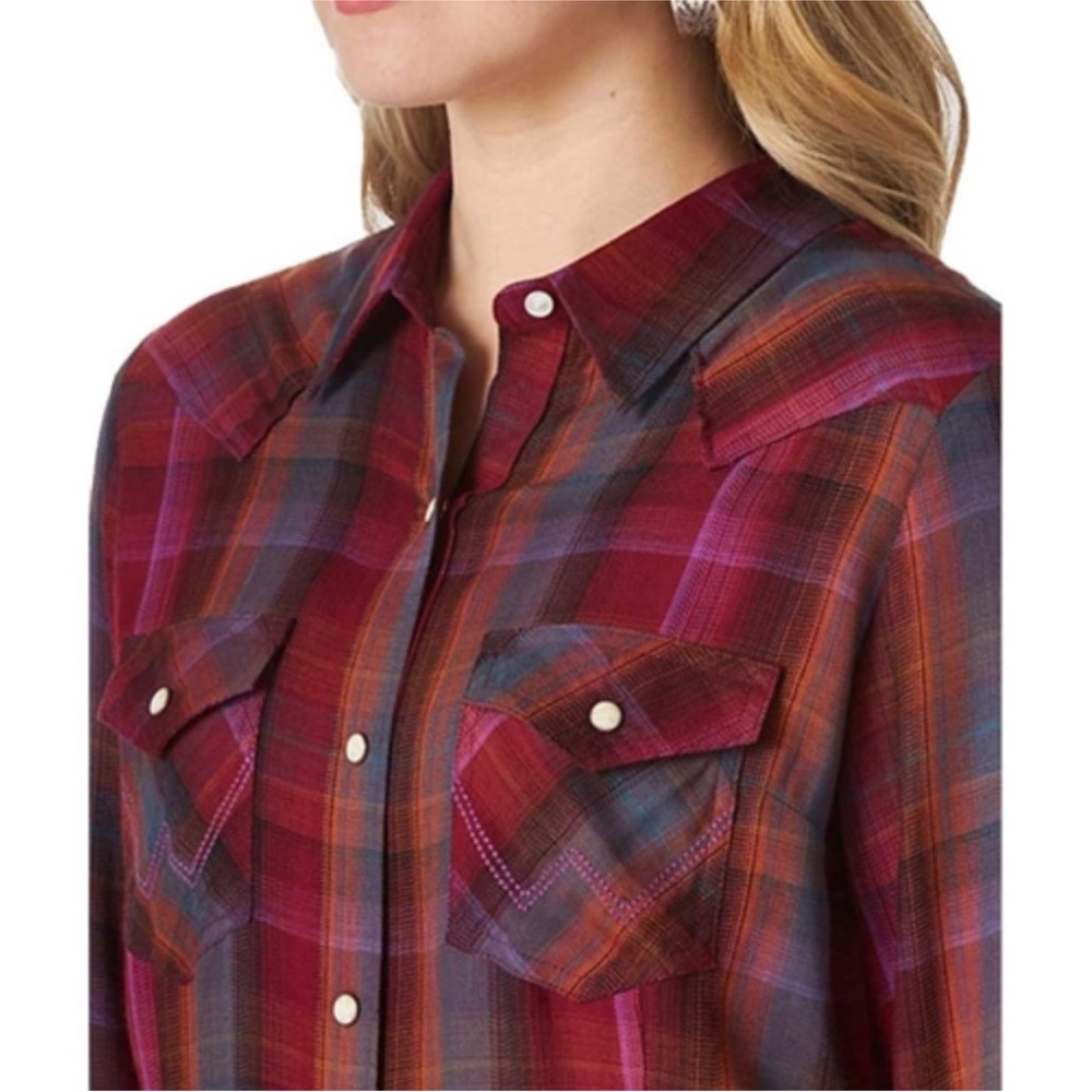 Wrangler | Pearl Snap Retro Flannel Purple Plaid Western Shirt Medium - Picture 4 of 14
